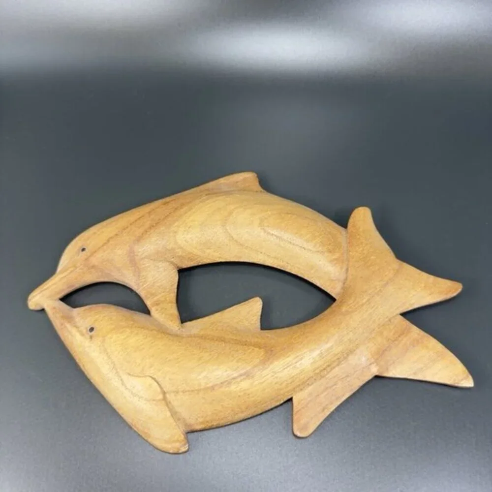Vintage‎ Hand Carved Wood Dolphins Swimming Wall Art Wall Hanging Figurine Decor